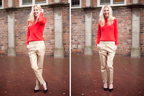 Sweater merah dan celana emas/cocorosa.com