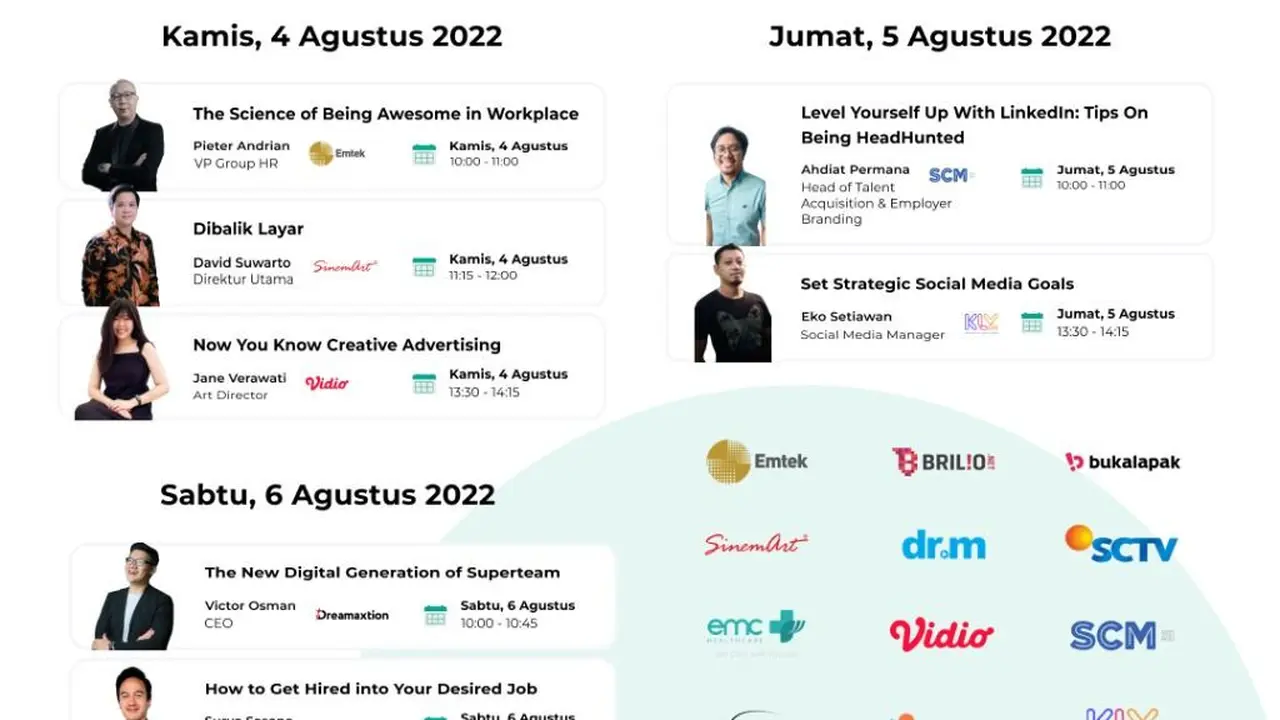 Emtek dan Dreamtalent bekerja sama menyelenggarakan Virtual Job Fair pada 4-6 Agustus 2022.