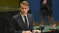 Presiden Prancis Emmanuel Macron berpidato dalam pertemuan tingkat tinggi di markas besar PBB, Senin (22/9/2025), yang bertujuan menggalang dukungan bagi solusi dua negara atas konflik Israel-Palestina. (Dok. AP/Angelina Katsanis)&nbsp;&nbsp;&nbsp;
