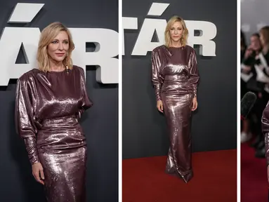 Foto kolase Cate Blanchett saat menghadiri pemutaran perdana film 'Tar' di London, Rabu, 11 Januari 2023. Cate tampil glamor di acara film terbarunya itu. (Photo by Scott Garfitt/Invision/AP)