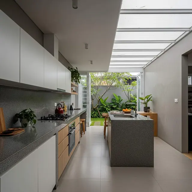 Ide Dapur Semi Outdoor dengan Taman Belakang