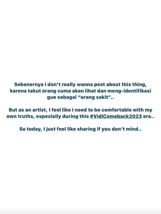 "Mungkin banyak yang belum tahu, titipan Tuhan berupa kanker ini sudah menyebar ke beberapa titik," tulis pelantun lagu Nuansa Bening ini di akun instagramnya. [Instagram/vidialdiano]