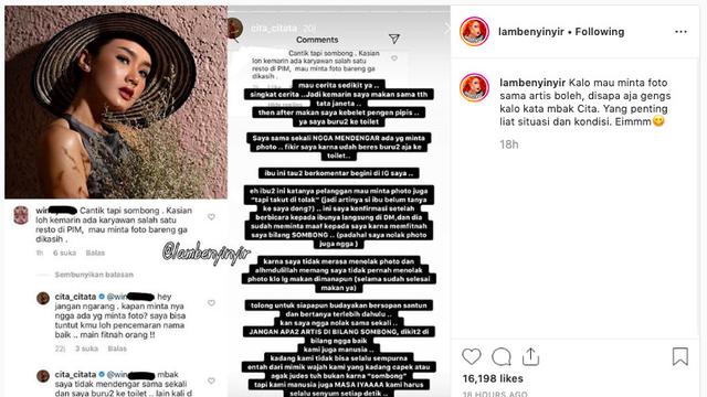 Penjelasan Cita Citata (Instagram/ lambenyinyir)
