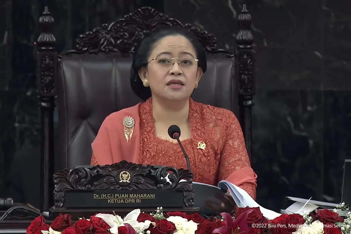 Ketua Dewan Perwakilan Rakyat (DPR) Puan Maharani pada Sidang Tahunan MPR-RI dan Sidang bersama DPR RI dan DPD RI tahun 2022, Selasa (16/8/2022).