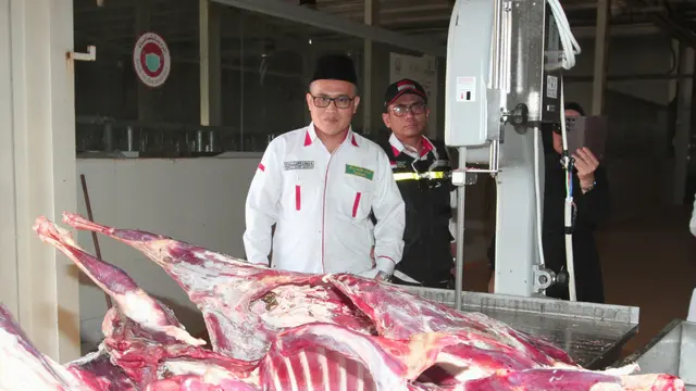 Kepala PPIH Arab Saudi Daerah Kerja Makkah Khalilurahman saat meninjau pengemasan daging dam haji di Masta RPH Alokishia, Makkah, Kamis 14 Juli 2023.