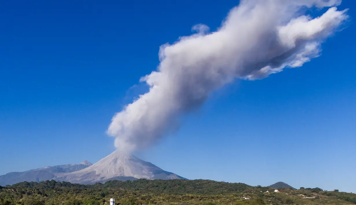 Abu vulkanik terlihat keluar dari Gunung Colima di San Antonio, Meksiko (22/1). Gunung dengan tinggi 3.839 mdpl memuntahkan abu vulkanik antara 200-800 kilometer ke arah selatan. (AFP Photp/Hector Guerrero)