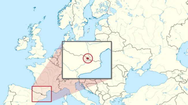 Kerajaan Andorra yang terletak di antara Prancis dan Spanyol. (Sumber Wikimedia Commons/TUBS)