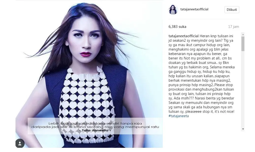 Tata Janeeta geram dibilang sindir orang lain melalui keterangan foto di Instagram (Foto: Instagram)