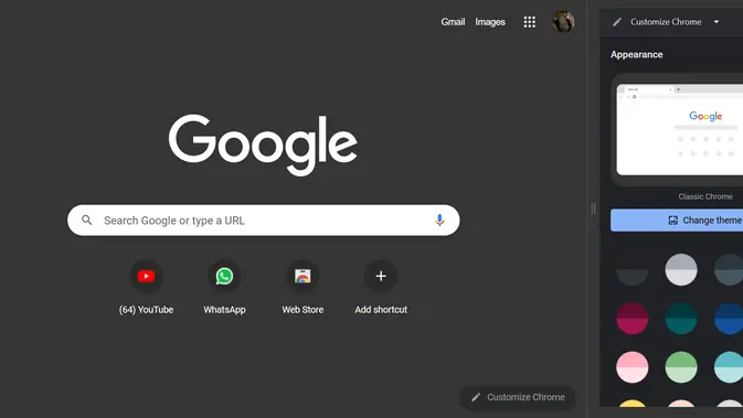 Tampilan panel samping alat kustomisasi tema Google Chrome desktop. (Liputan6.com/Dinda Charmelita Trias Maharani)