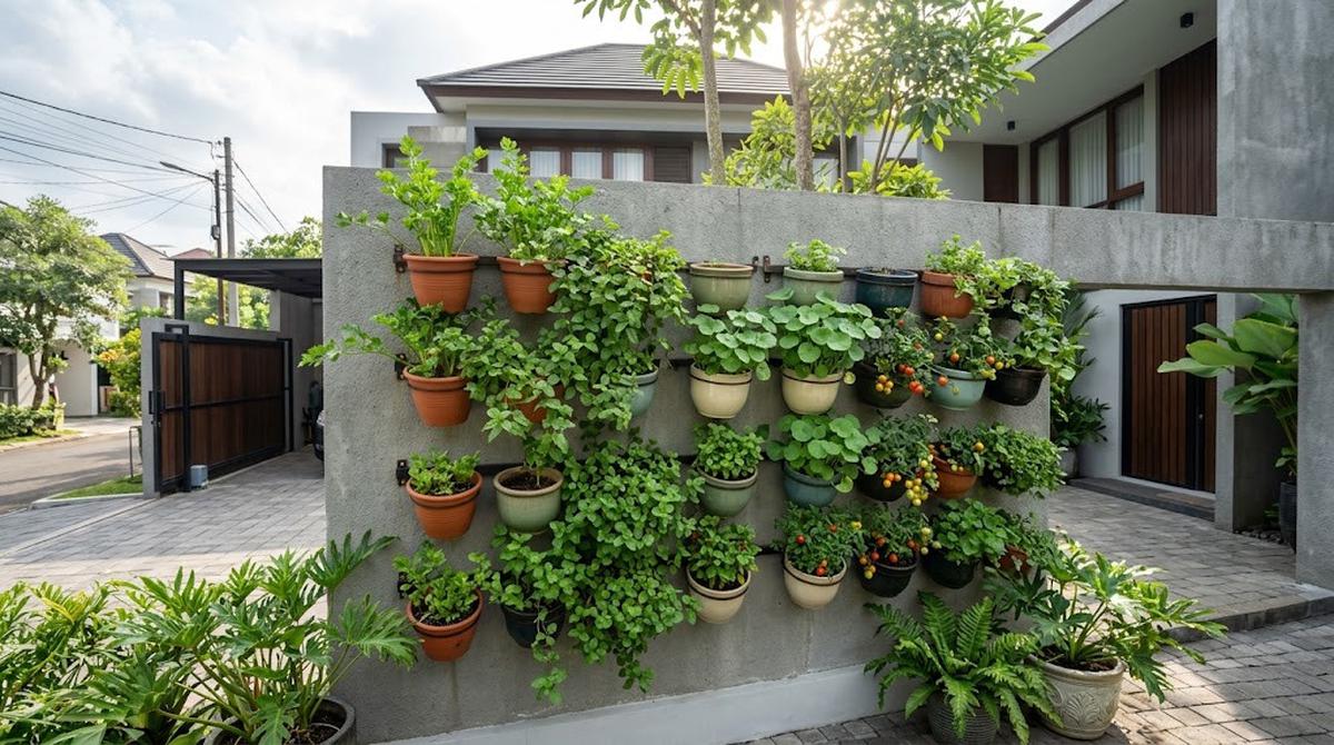 Pagar Tembok Beton dengan Pot Gantung Tanaman