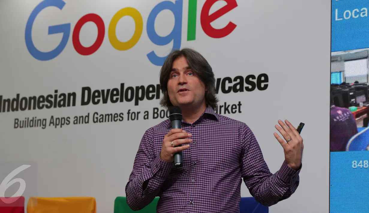 Vice President, Developer Products Group, Google Jason Titus saat memberikan sambutan dalam acara Indonesian Developer Showcase Building Apps and Games for a Booming Market di Jakarta, Kamis (10/12/2015). (Liputan6.com/Angga Yuniar)