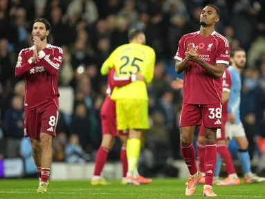 Liverpool kembali menelan pil pahit di Liga Inggris musim 2025/2026 setelah kalah dari Manchester City pada Minggu (09/11/2025) waktu setempat. (AP Photo/Jon Super)