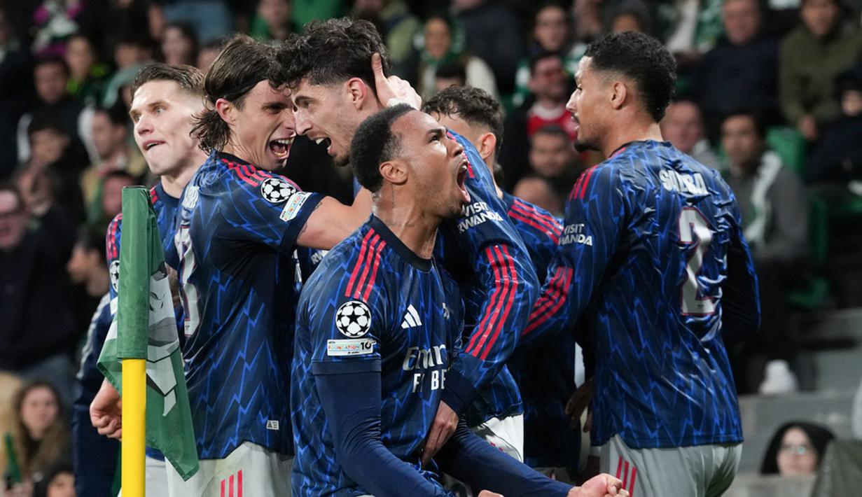 Arsenal berhasil memetik modal penting pada leg pertama perempat final Liga Champions 2025/2026. Bertamu ke markas Sporting CP di Jose Alvalade, Rabu (8/4/2026) dini hari WIB, The Gunners menang tipis 1-0 berkat gol semata wayang Kai Havertz. (AP Photo/Armando Franca)