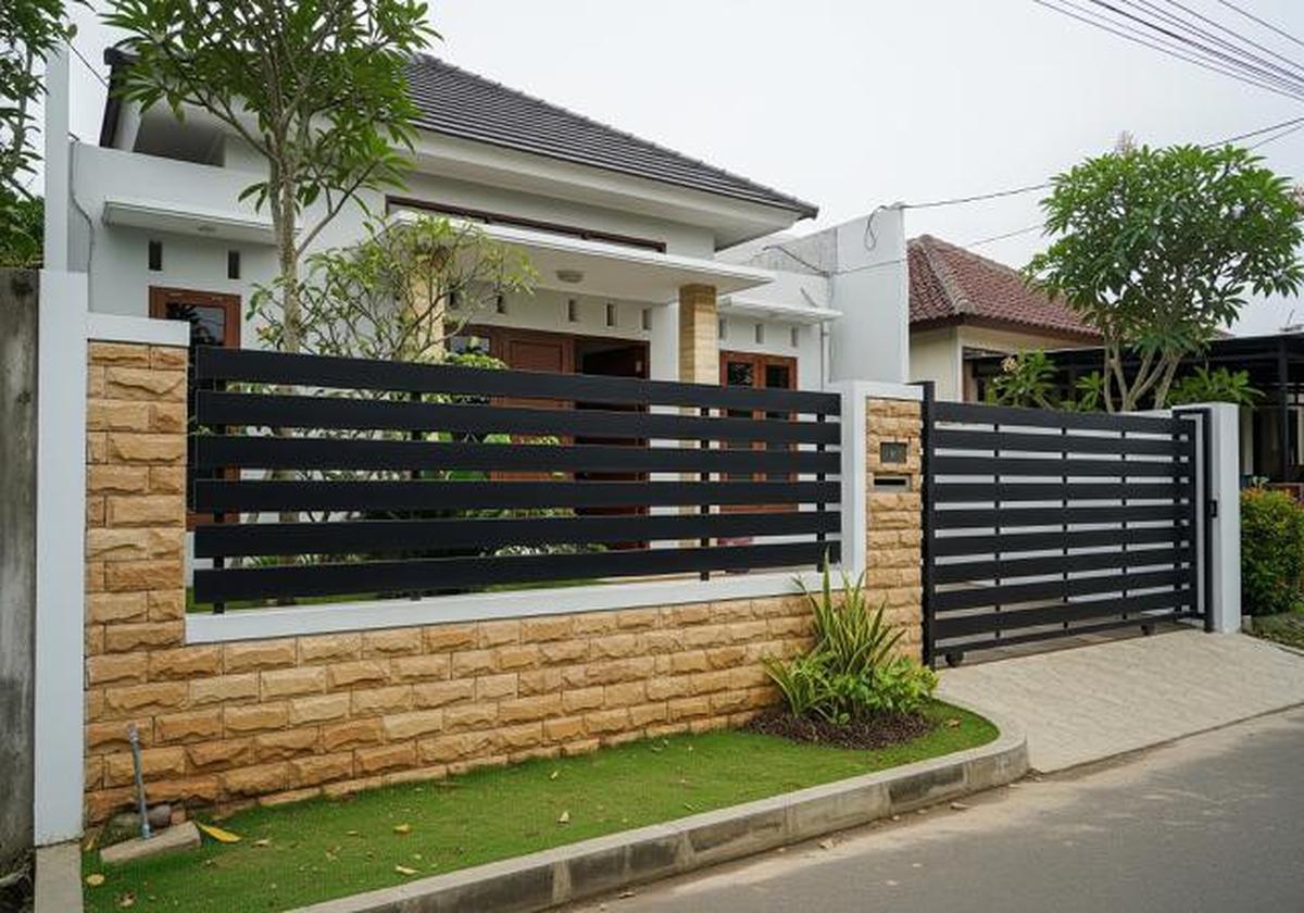 Pagar Besi Hollow Horizontal dengan Batu Alam Susun Sirih/Model Pagar Rumah Kombinasi Besi Hollow dan Batu Alam (Sumber: gemini.com)