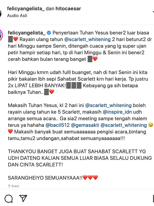 Unggahan Felicya Angelista. (Foto: Dok. Instagram @felicyangelista_)