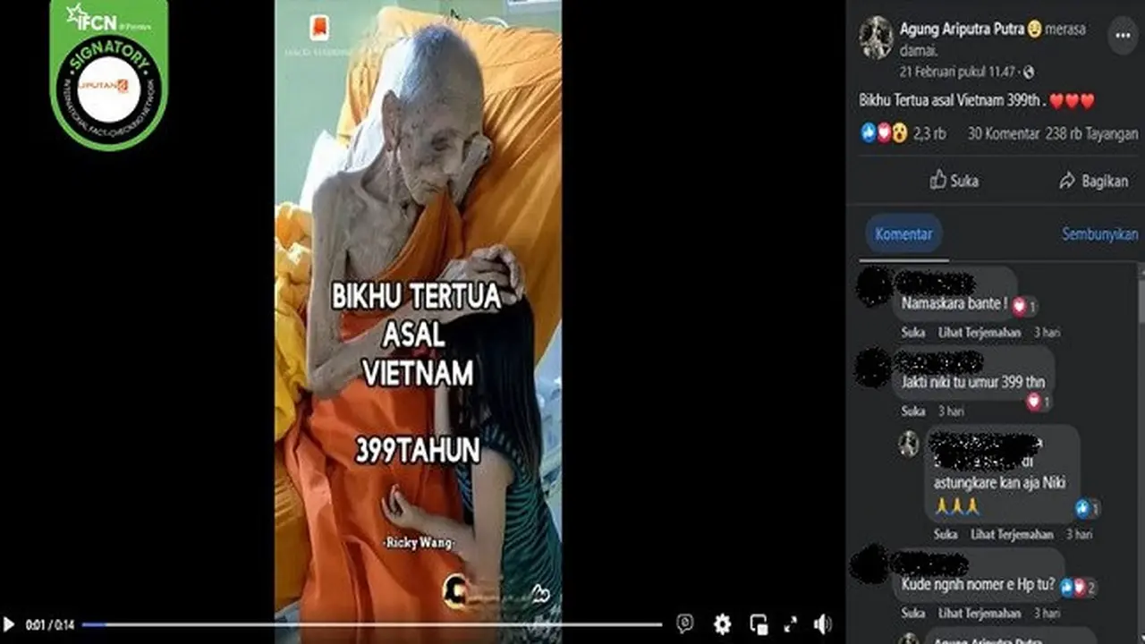 Gambar Tangkapan Layar Video yang Diklaim Seorang Biksu Tertua Asal Vietnam Berusia 399 tahun (sumber: Facebook).