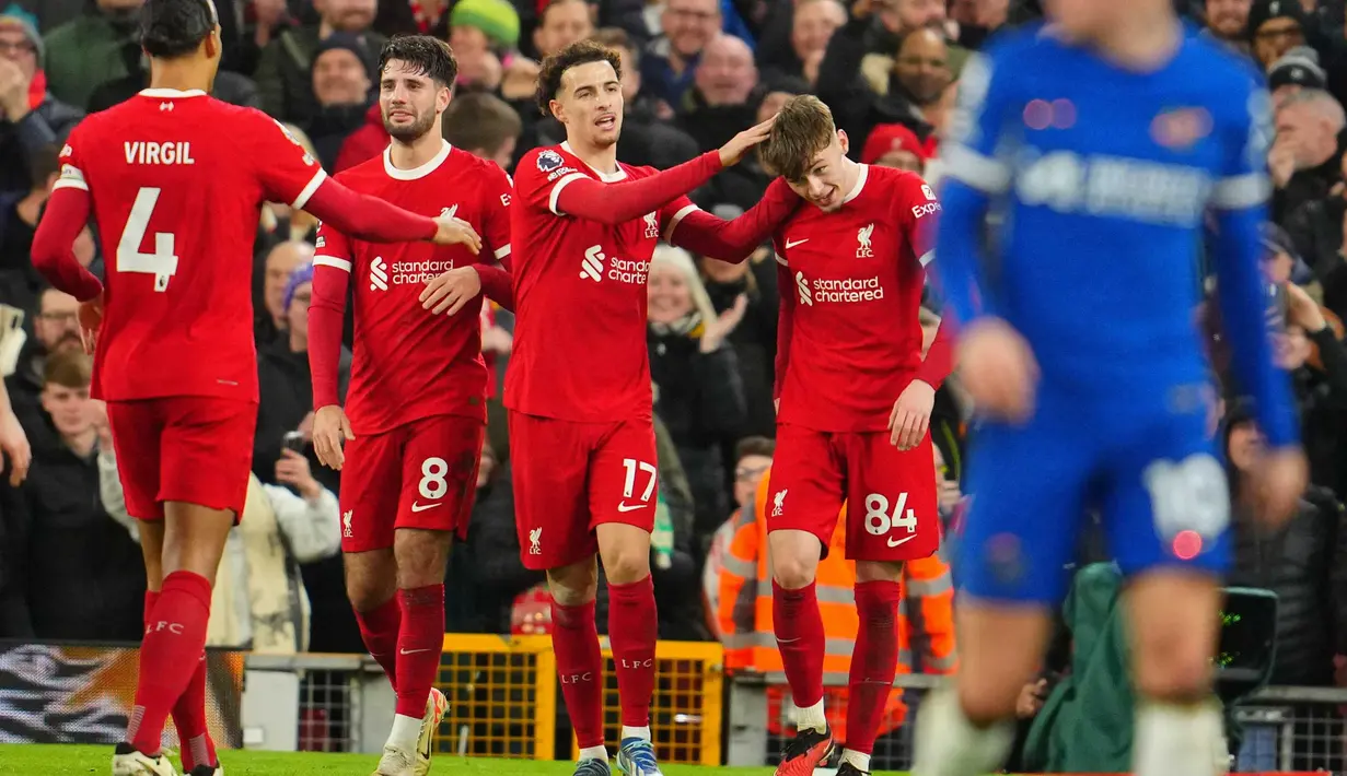 Empat gol Liverpool dicetak oleh Diogo Jota, Conor Bradley, Dominik Szoboszlai, dan Luis Diaz. (AP Photo/Jon Super)