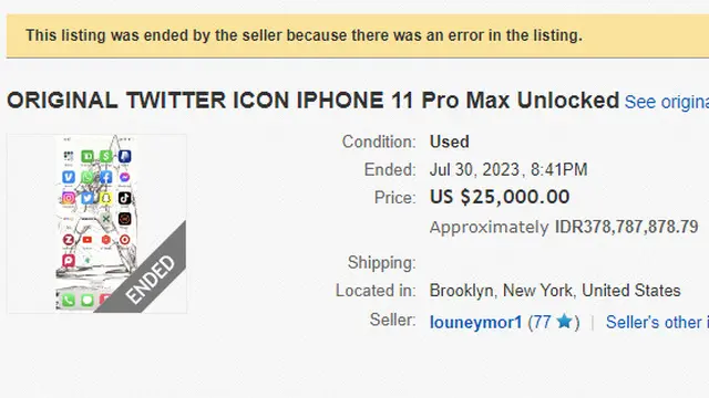 Seller eBay ini tawarkan iPhone 11 Pro Max dengan logo Twitter versi lawas dengan harga USD 25.000 (tangkapan layar)