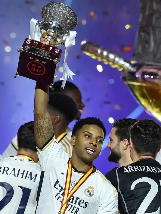 Vinicius Junior mencetak gol pada menit ke-7, 10, dan 39. Selanjutnya Rodrygo Goes pada menit ke-64. (AP Photo)