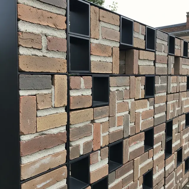 Pagar Bata Tempel Motif Susun Acak dengan Besi Hollow Hitam Doff