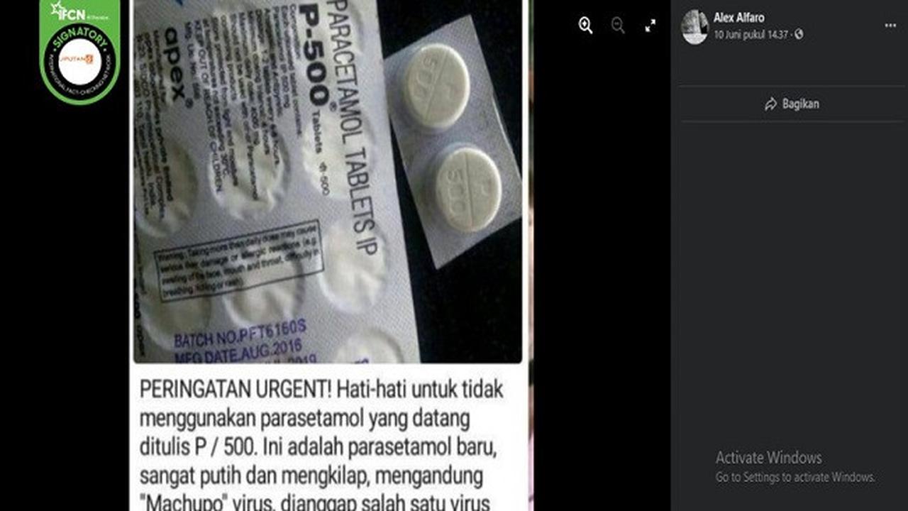Gambar Tangkapan Layar Kabar Paracetamol Mengandung Virus Berbahaya (sumber: Facebook).