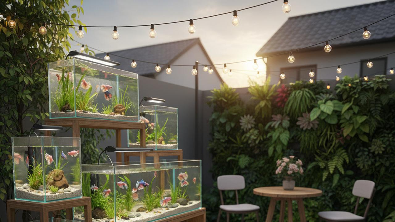 Taman Belakang Estetik dengan Rak Akuarium Cupang Modern