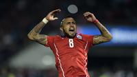 Salah satu ekspresi gelandang Cile Arturo Vidal, pada pertandingan final Copa America, di Santiago, Cile, 4 Juli 2015. (AFP PHOTO / JUAN MABROMATA)