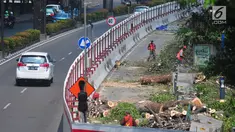 Pekerja menebang pohon untuk menyelesaikan proyek kereta api ringan atau Light Rail Transit (LRT) di kawasan Kuningan, Jakarta, Rabu (26/7). Penebangan dilakukan untuk pembangunan proyek LRT Cawang-Dukuh Atas sepanjang 10,5 km. (Liputan6.com/Helmi Afandi)