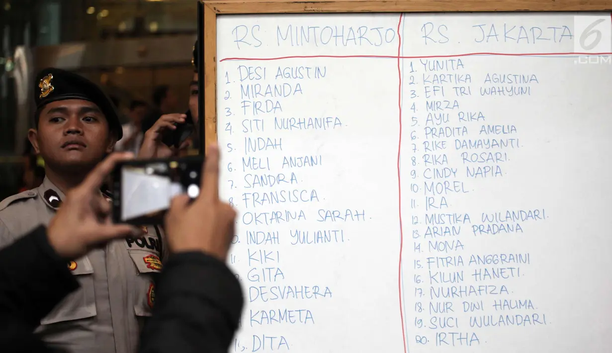 Petugas berjaga di dekat papan nama korban ambruknya balkon di Tower II Bursa Efek Indonesia, Jakarta, Senin (15/1). Korban luka tersebut dirawat di RSAL Mintoharjo sebanyak 17 orang, RS Jakarta 20 orang. (Liputan6.com/Arya Manggala)