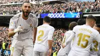 Karim Benzema mencetak gol tunggal kemenangan Real Madrid atas Atletico Madrid pada laga pekan ke-22 La Liga Spanyol di Santiago Bernabeu, Sabtu (1/2/2020). (AFP/PIERRE-PHILIPPE MARCOU)