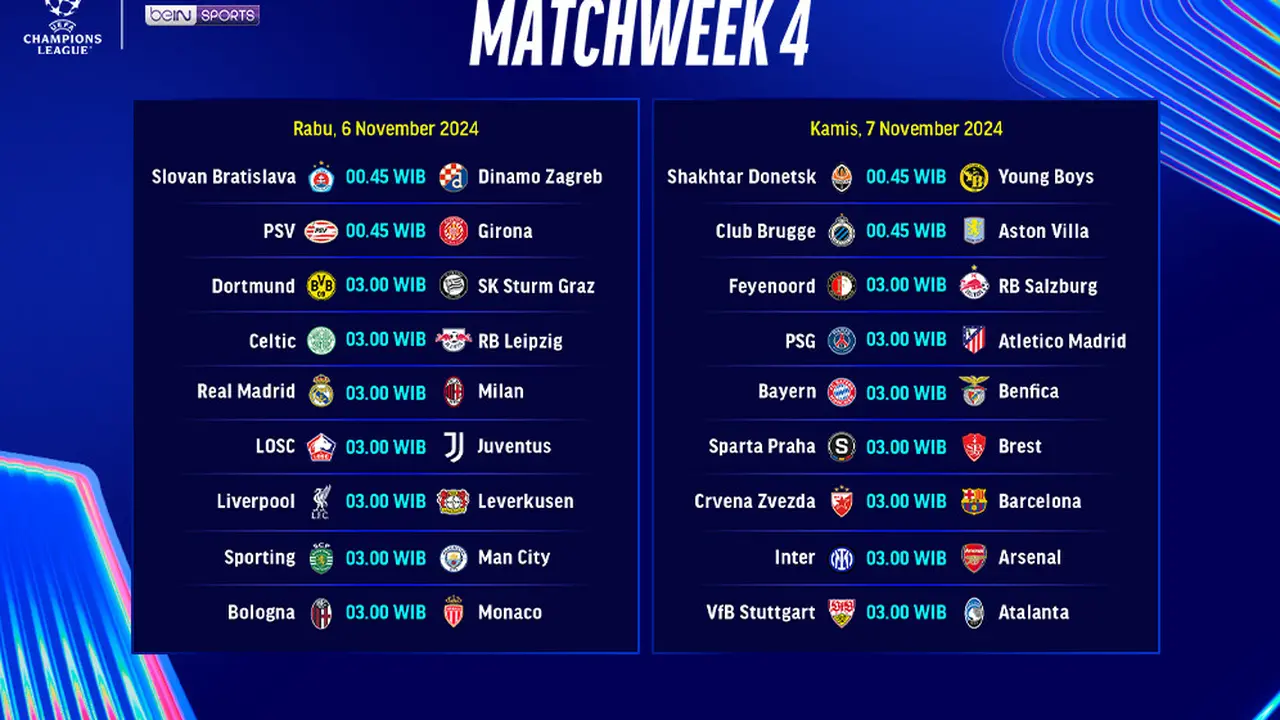 Jadwal Liga Champion 2024/25 Matchweek ke 4 di Vidio Pekan Ini