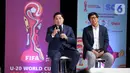 Ketua PSSI sekaligus Menteri BUMN Erick Tohir bersama Direktur SCM Sutanto Hartono dalam jumpa pers di SCTV Tower saat menggelar Jumpa Pers di SCTV Tower, Jakarta, Selasa (28/2/2023). Jumpa pers tersebut terkait Perhelatan Piala Dunia U-20 2023 ini akan disiarkan langsung Emtek Group lewat SCM. Pecinta bola di Indonesia bisa menyaksikan seluruh pertandingan melalui SCTV, INDOSIAR, VIDIO, MOJI, Mentari TV, Nex Parabola, dan Champions TV. (Liputan6.com/Johan Tallo)