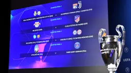 layar monitor menampilkan hasil drawing Liga Champions UEFA 2019/2020 di markas UEFA, Nyon, Jumat (10/7/2020). Rencananya laga leg kedua 16 besar Liga Champions akan digelar pada Agustus 2020 mendatang. (AFP/Harold Cunningham/UEFA)