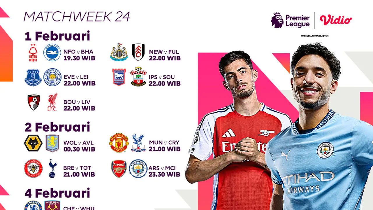 Jadwal Langsung Liga Inggris 2024/25 Matchweek ke 24 di Vidio
