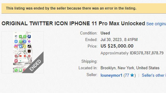 Seller eBay ini tawarkan iPhone 11 Pro Max dengan logo Twitter versi lawas dengan harga USD 25.000 (tangkapan layar)