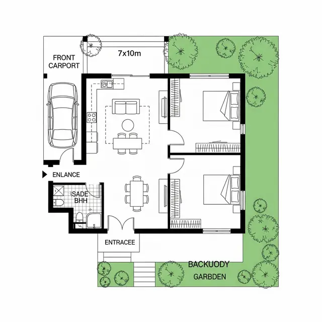 Ide Denah Rumah Ukuran 7x10 Kamar 2 Sederhana (Gemini)