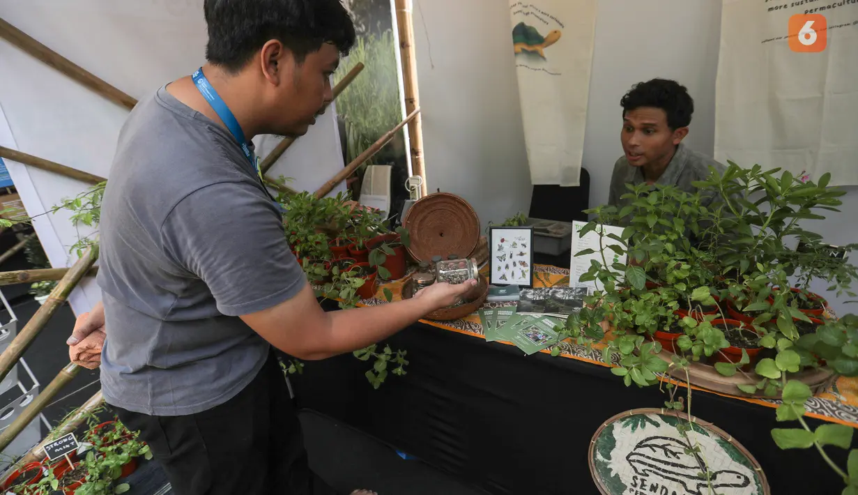 Peserta pameran menyediakan berbagai bibit tanaman, benih, dan peralatan berkebun dalam Festival Jejak Pangan Lestari 2026 di Taman Lapangan Banteng, Jakarta Pusat, Sabtu (10/10/2026). Kegiatan ini memperkenalkan praktik berkebun dan pemanfaatan sumber daya lokal sebagai bagian dari upaya mendorong gaya hidup berkelanjutan serta mendukung sistem pangan yang lebih lestari. (KLY/Budy Santoso)
