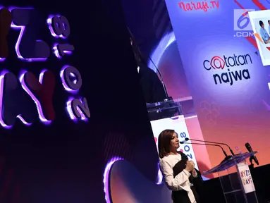 Presenter Najwa Shihab saat menjadi pembicara di XYZ DAY 2018 di The Hall Senayan City, Jakarta, Rabu (25/4). Wanita yang akrab disapa Nana ini berbicara seputar network dan netizen. (Liputan6.com/Herman Zakharia)