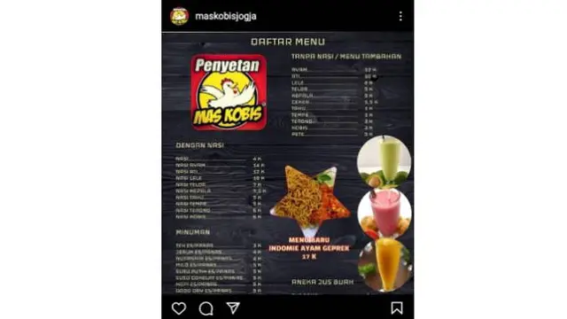 Daftar menu Penyetan Mas Kobis. (sumber: Instagram @maskobisjogja)