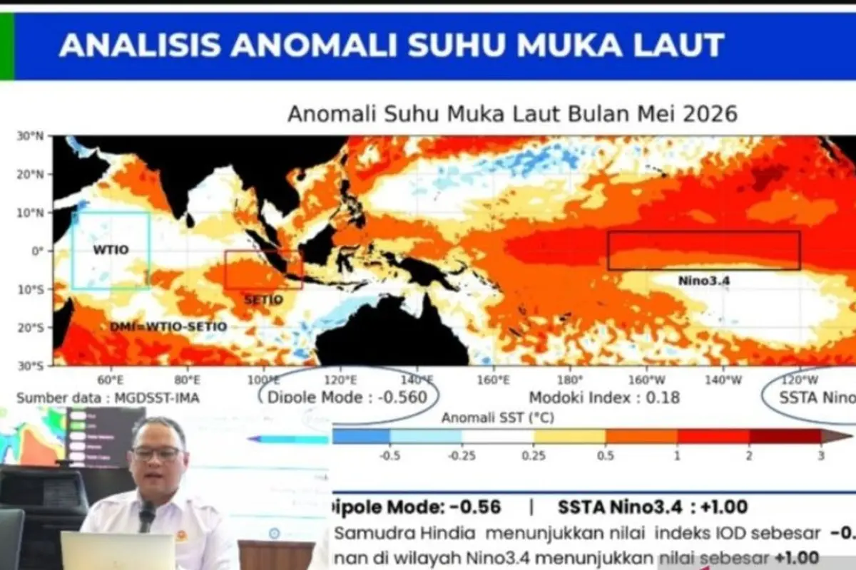Deputi Bidang Klimatologi BMKG Ardhasena Sopaheluwakan memberikan penjelasan dalam konferensi pers 'Perkembangan Musim Kemarau Indonesia 2026' di Jakarta, Rabu (10/6/2026).