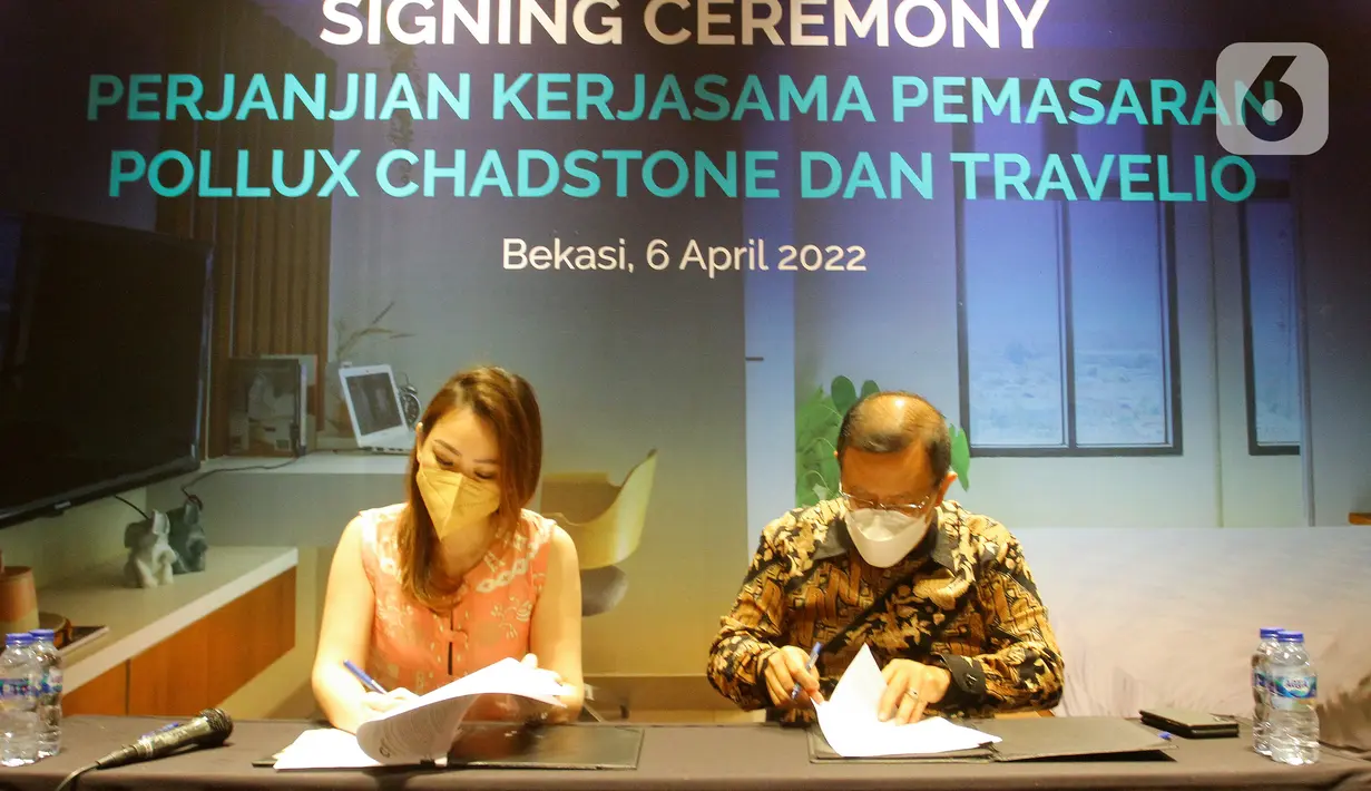 PT Pollux Aditama Kencana dan PT Horizon Internusa Persada (Travelio) melakukan PKS untuk apartemen Pollux Chadstone dengan 4 Tower dan 3496 unit. Kerja sama pemasaran ini menjadi solusi bagi investor (pemilik unit) untuk mencari penyewa dan mendapatkan passive income. (Liputan6.com/HO/Agus)