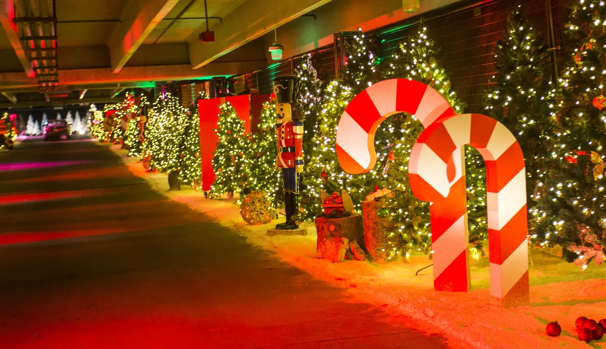 Berbagai dekorasi dan lampu Natal terlihat saat para pengunjung mengendarai mobil mereka menuju pertunjukan cahaya lantatur (drive-thru) bertema Natal "Polar Drive" di Toronto, Kanada, pada 15 Desember 2020. Semua pengunjung harus tetap berada di dalam mobil mereka. (Xinhua/Zou Zheng)