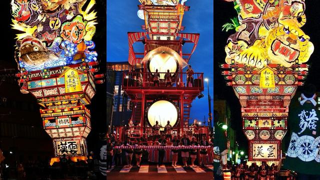 Potret tiga lampion raksasa dalam Festival Goshogawara Tachineputa. (Japan Rail Cafe/Facebook)