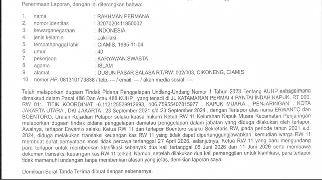 Eks Ketua RW Dipolisikan Terkait Dugaan Penggelapan Kas Rp 11 Miliar