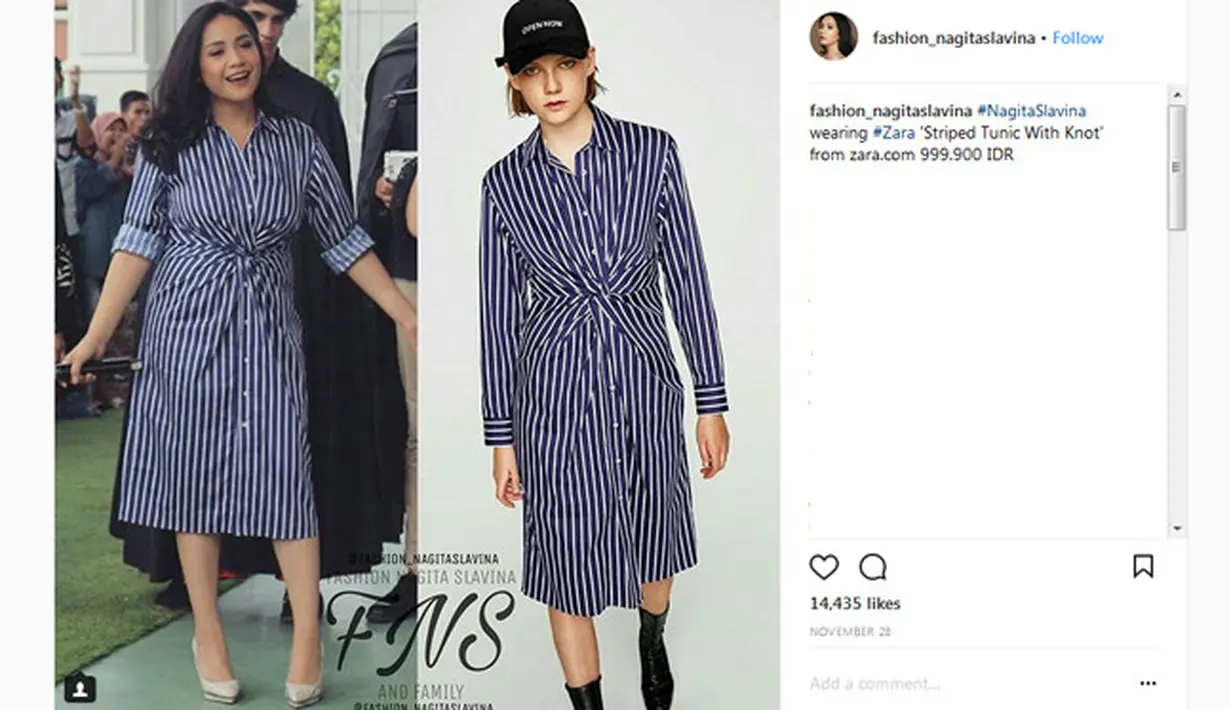 Tak terlihat berlebihan saat Gigi tampil dengan Striped Tunic with Knot seperti di foto ini. Meski begitu ternyata tunic ini bernilai hampir Rp. 1.000.000, tepatnya 999.900 IDR. (Instagram/fashion_nagitaslavina)