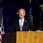 Presiden terpilih Joe Biden saat menyampaikan pidato kemenangan Pilpres AS 2020 di Wilmington, Delaware, Amerika Serikat, Sabtu (7/11/2020). Joe Biden dan Kamala Harris memenangkan Pilpres AS 2020. (AP Photo/Andrew Harnik)