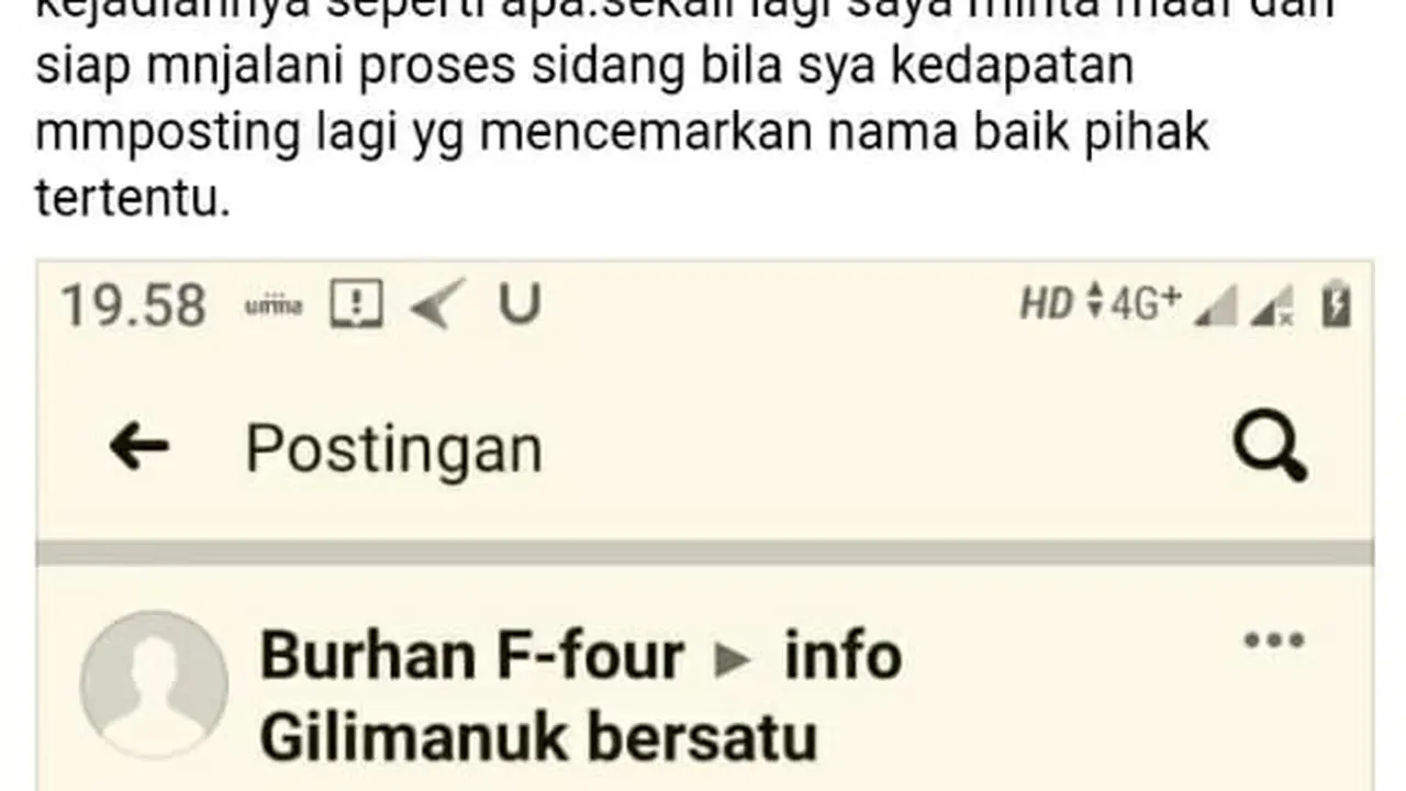 Tangkapan Layar sebuah unggahan akun bernama Burhan F-four meminta maaf di media sosial soal  bayi diduga korban rapid test dan meninggal di Cepu, Blora, Jawa Tengah (Liputan6.com/Ahmad Adirin)