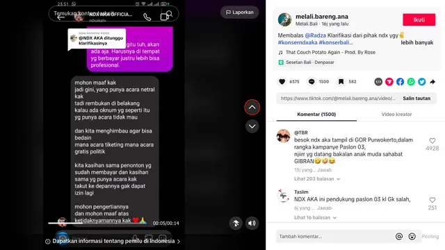 NDX AKA Klarifikasi Usai Hentikan Konser Saat Ada Penonton yang Teriakkan Nama Salah Satu Capres. (TikTok @melali.bareng.ana)