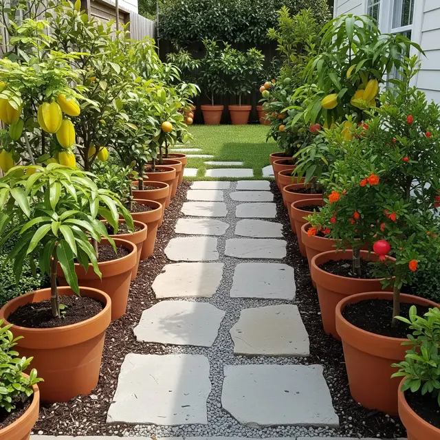 Desain Taman Buah Mini dengan Jalur Batu Alam yang Rapi (Image by Gemini AI)