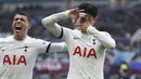 Selebrasi striker Tottenham Hotspur, Son Heung-min (kanan) bersama Pedro Porro setelah mencetak gol ketiga timnya ke gawang Aston Villa pada laga pekan ke-28 Premier League 2023/2024 di Villa Park, Birmingham, Minggu (10/3/2024). (PA via AP Photo/Nick Potts)